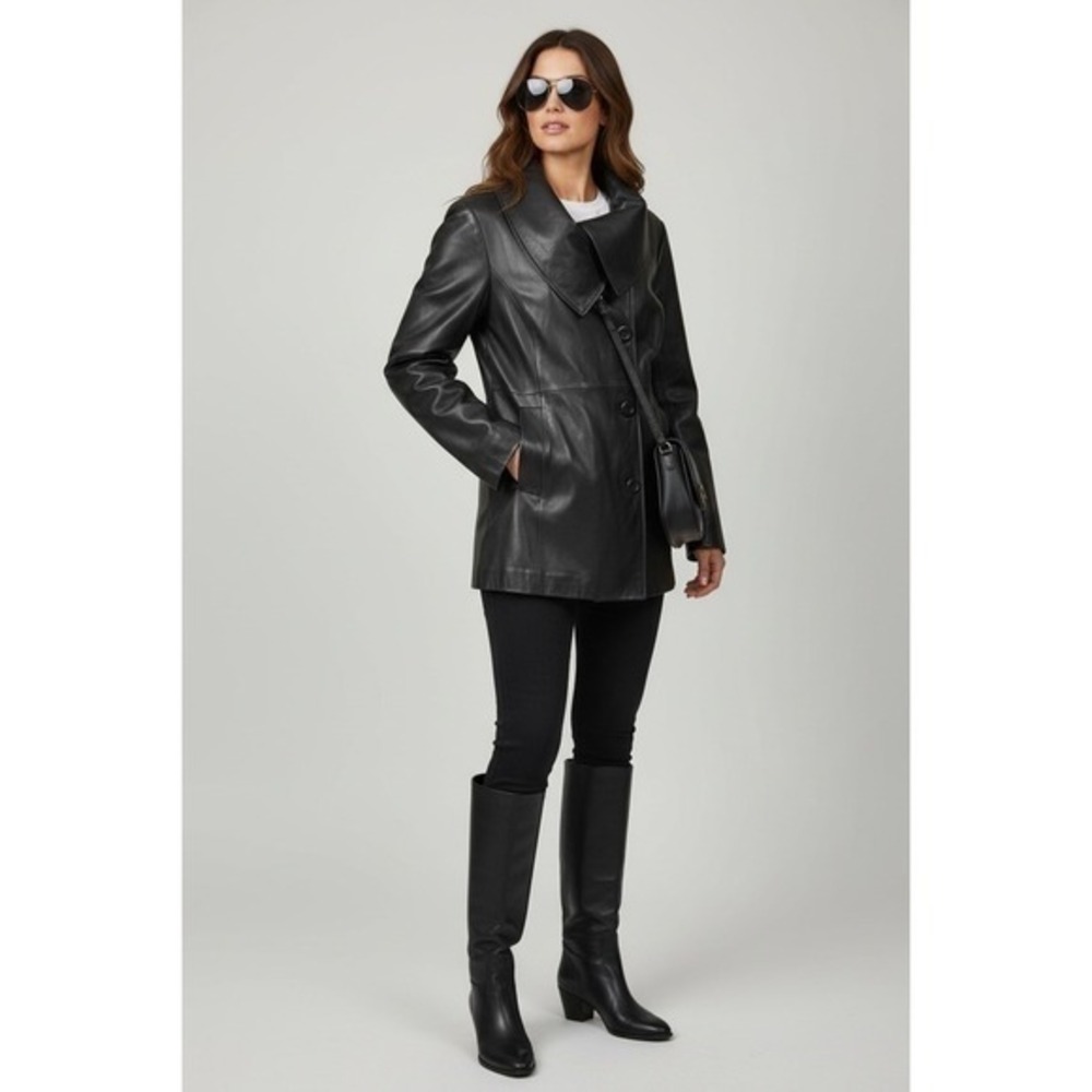 Vintage Danier Italian Leather Large Jacket‎ Black Peter Pan Collar Thinsulate